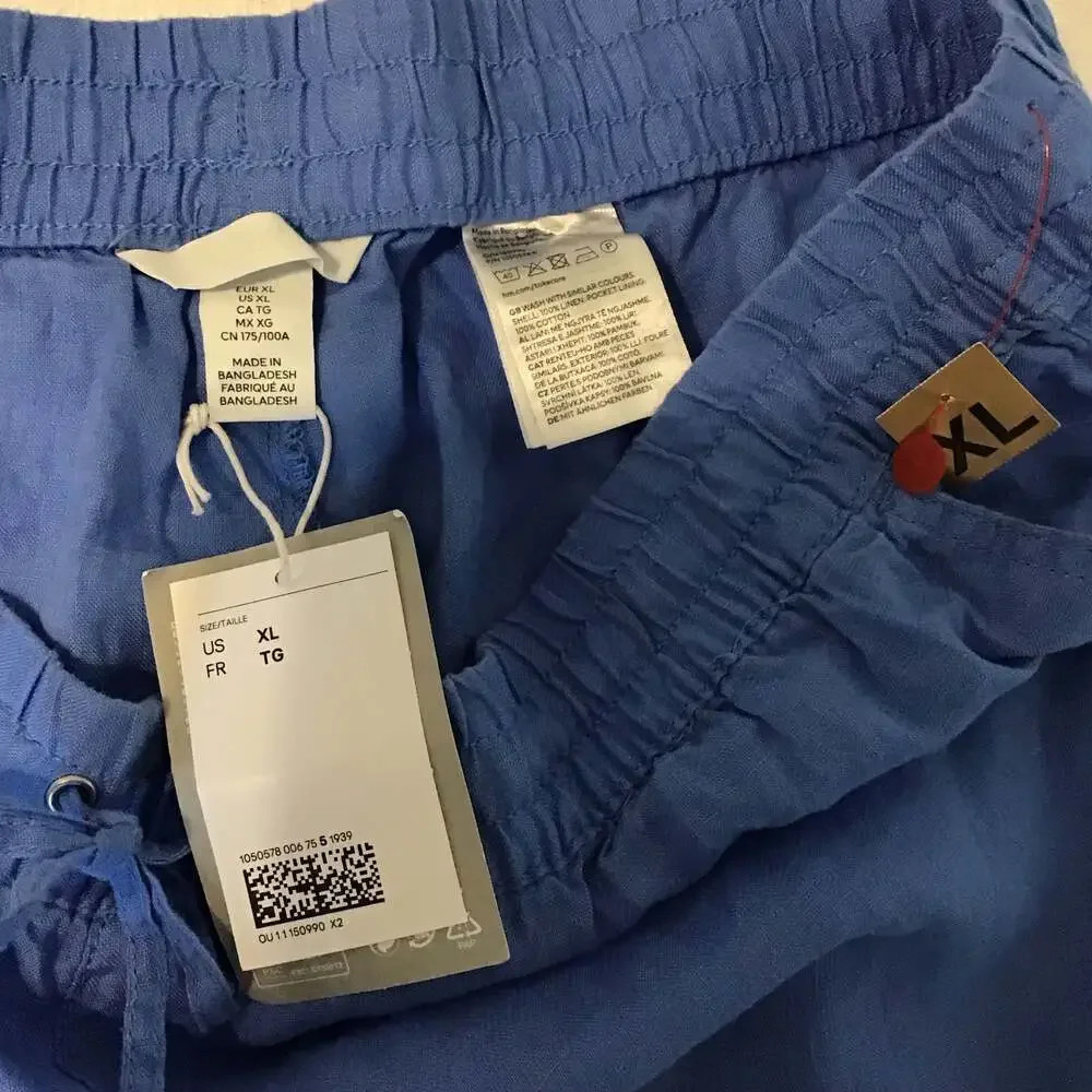 H&M Premium Selection XL Natural Linen Drawstring Pants Blue Summer Boho
